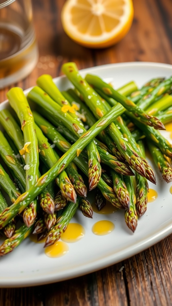 Roasted asparagus spears drizzled with olive oil and seasoned with salt, on a rustic table with lemon.
